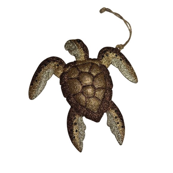 Pier Other - Glittery Sea Turtle Hanging Ornament 5" Gold & Brown Coastal Decor Metal